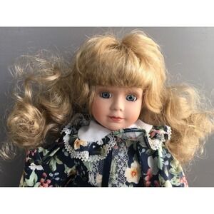 16" Alberon Porcelain doll / Vintage Blonde‎ / Blue Floral Dress